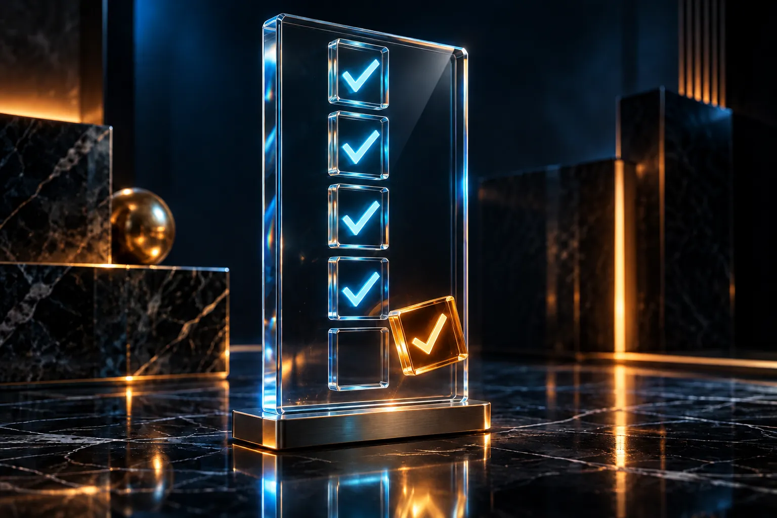 A transparent checklist with four cyan checkmarks and a floating amber checkmark tile.