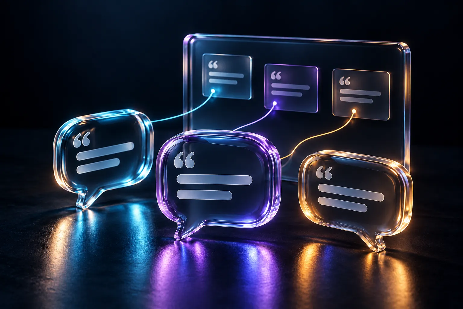 Cyan, violet and amber glass speech bubbles connect customer conversations to source-linked research notes.