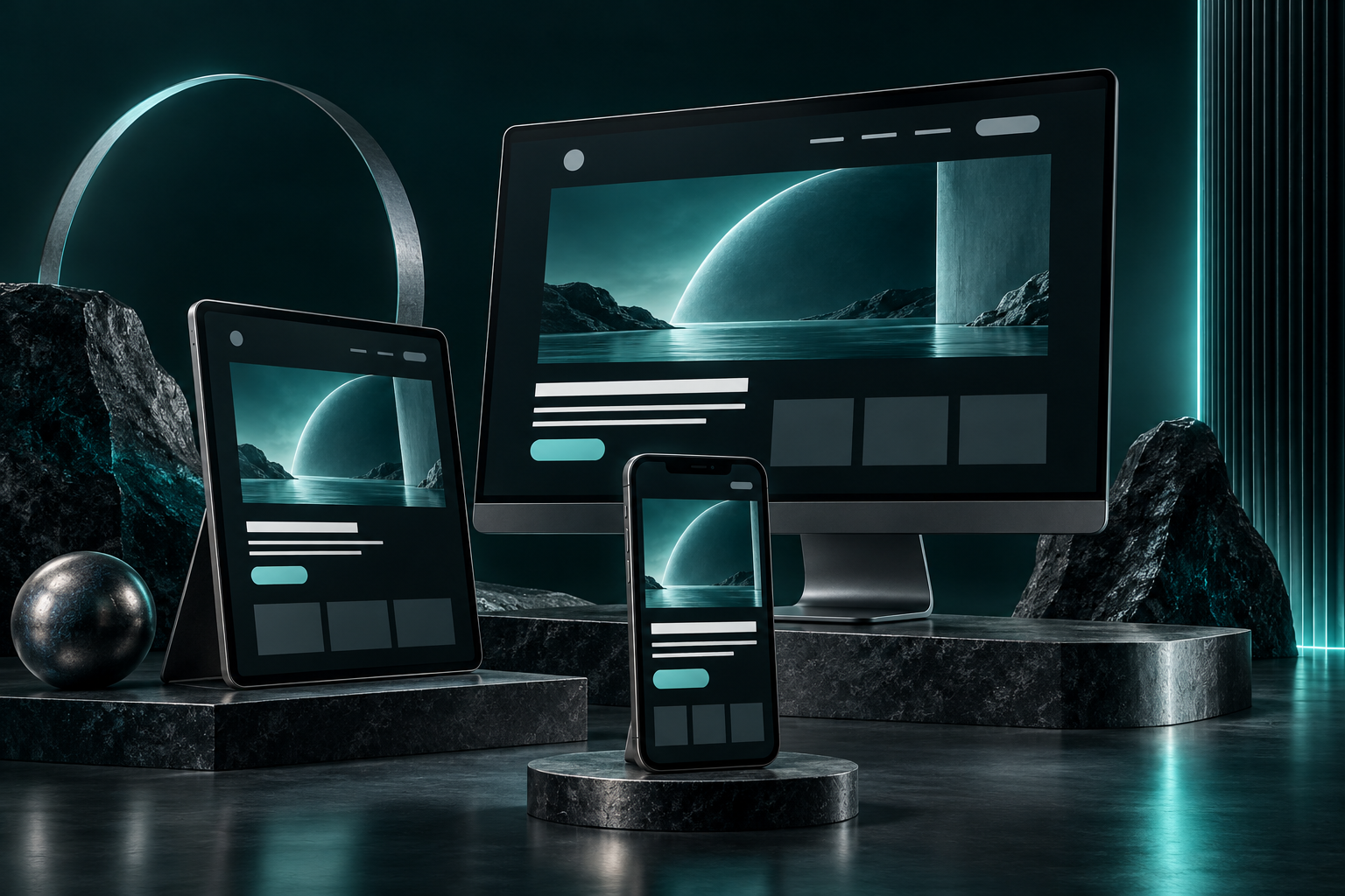 A coordinated website layout adapted across a desktop monitor, tablet and smartphone.
