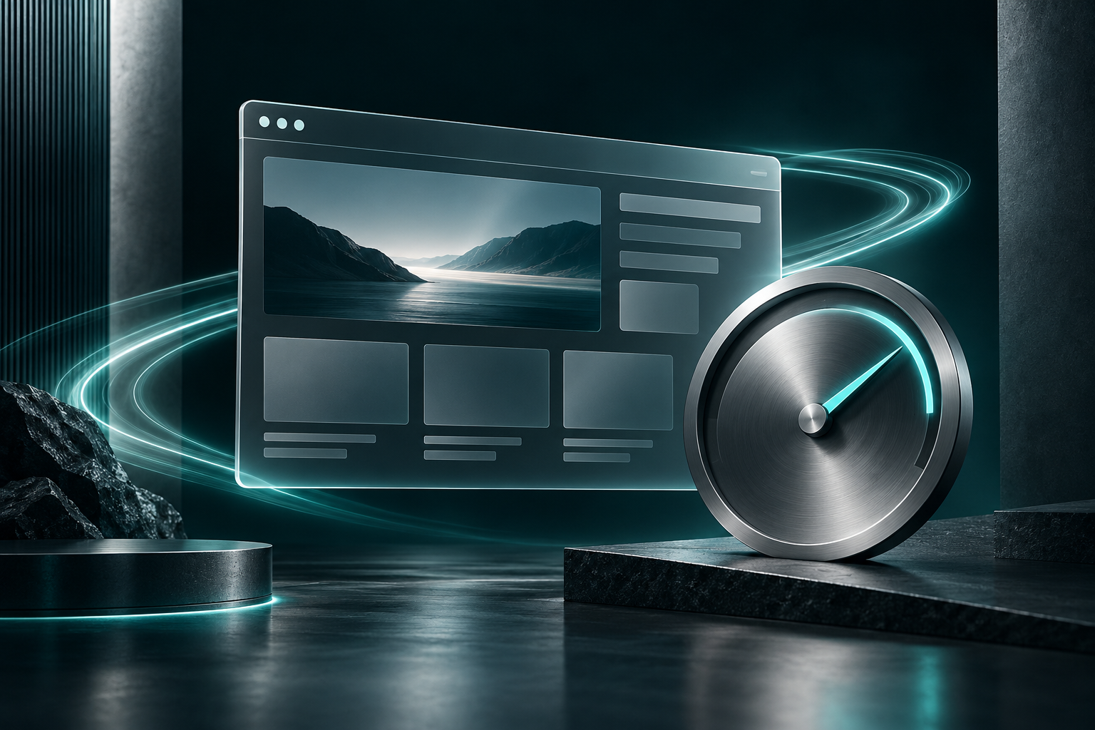 A streamlined website panel beside a silver speed dial, illustrating website performance.