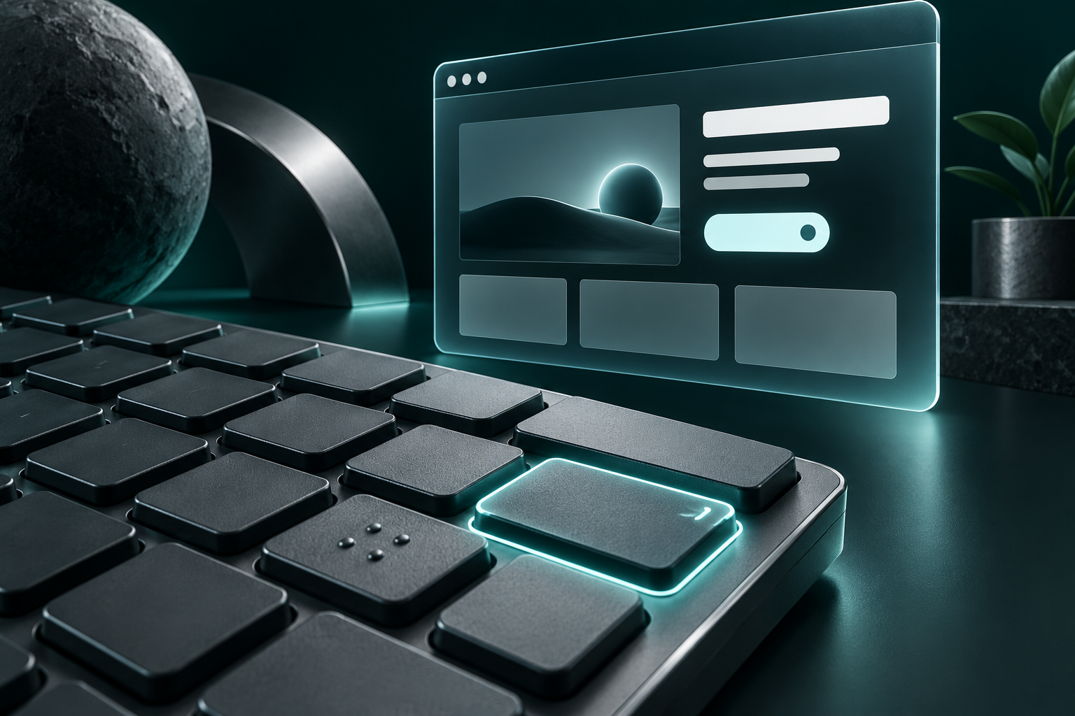 A highlighted keyboard key beside a spacious, high-contrast website interface.