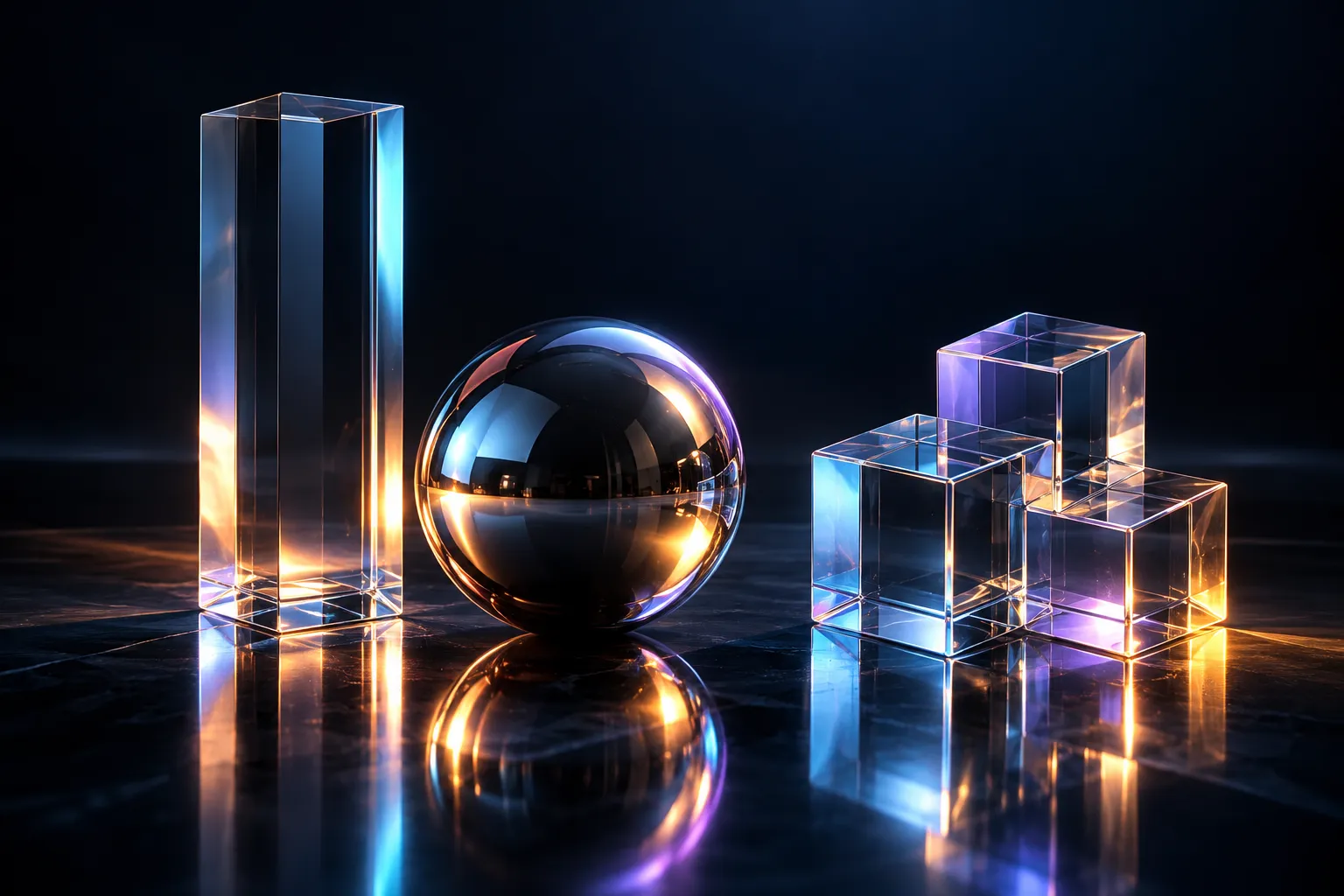 A glass pillar, metallic sphere and linked glass cubes on a dark surface.