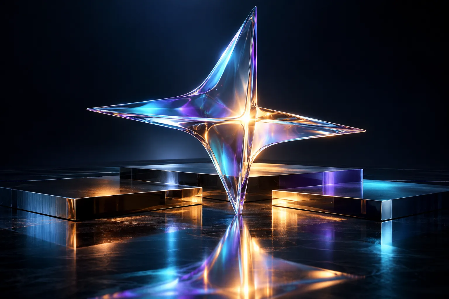 Intersecting glass planes form a luminous cyan and violet four-point sculpture.