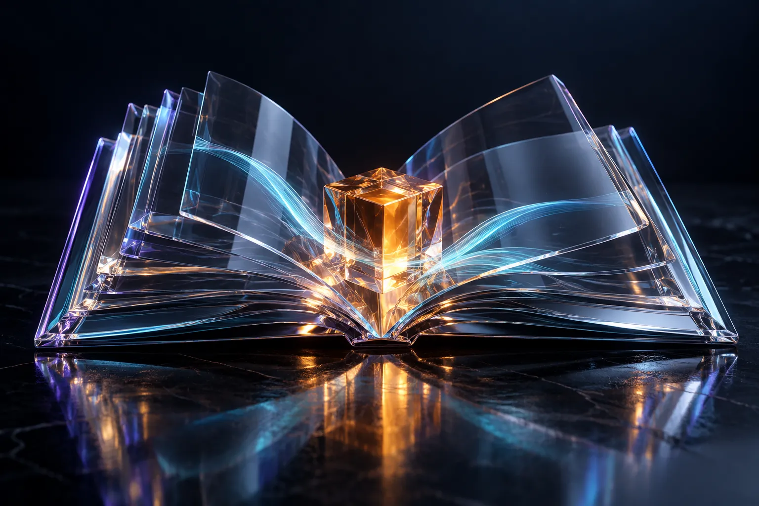 An open glass book holds an amber evidence cube between translucent pages.