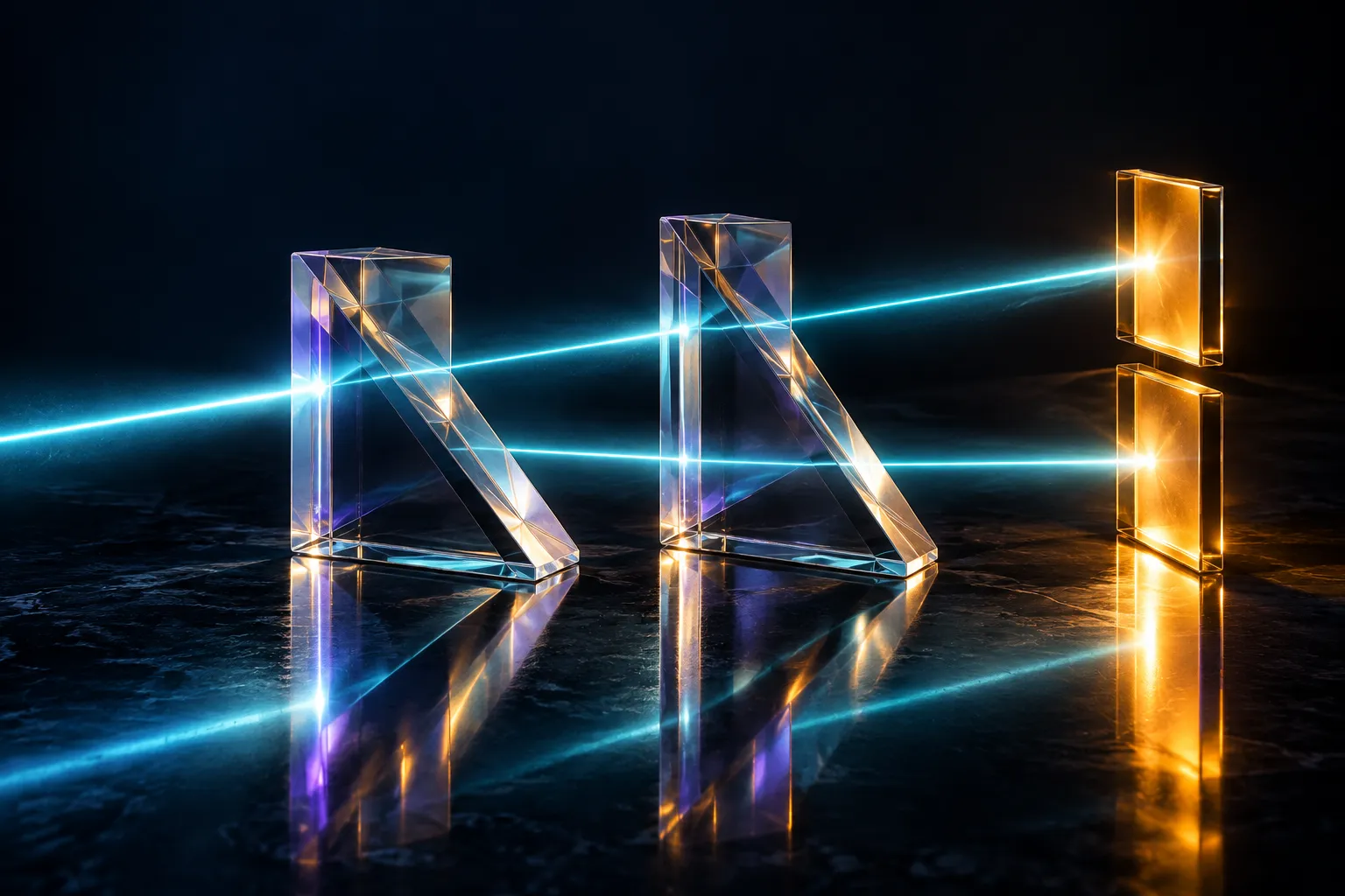 Two glass prisms split a cyan beam toward paired amber receptors.