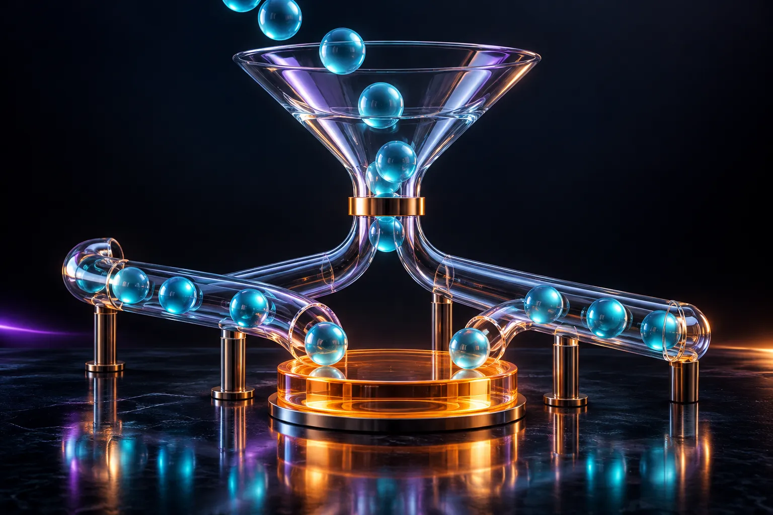A glass funnel routes cyan spheres through clear tubes to an amber platform.