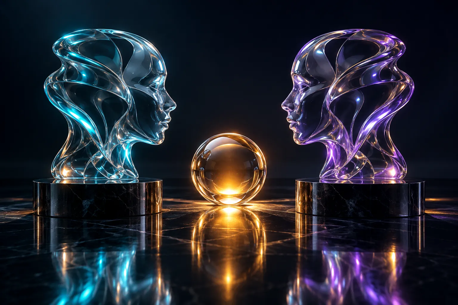 Two cyan and violet glass sculptures face each other across an amber sphere.