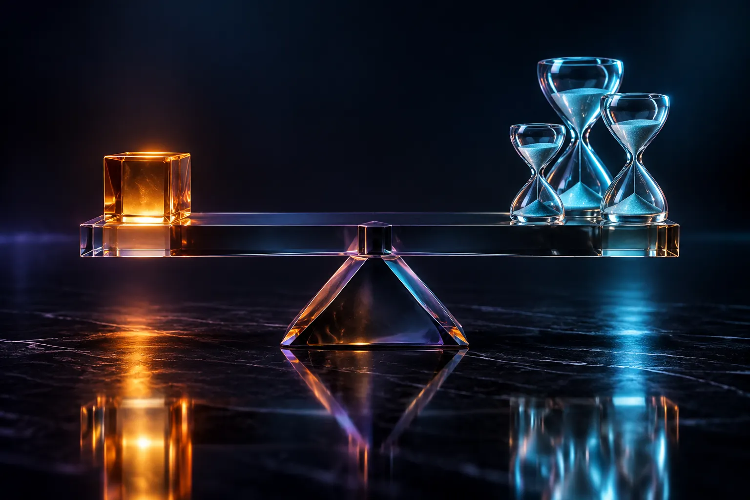An amber cube balances against cyan glass hourglasses on a transparent scale.