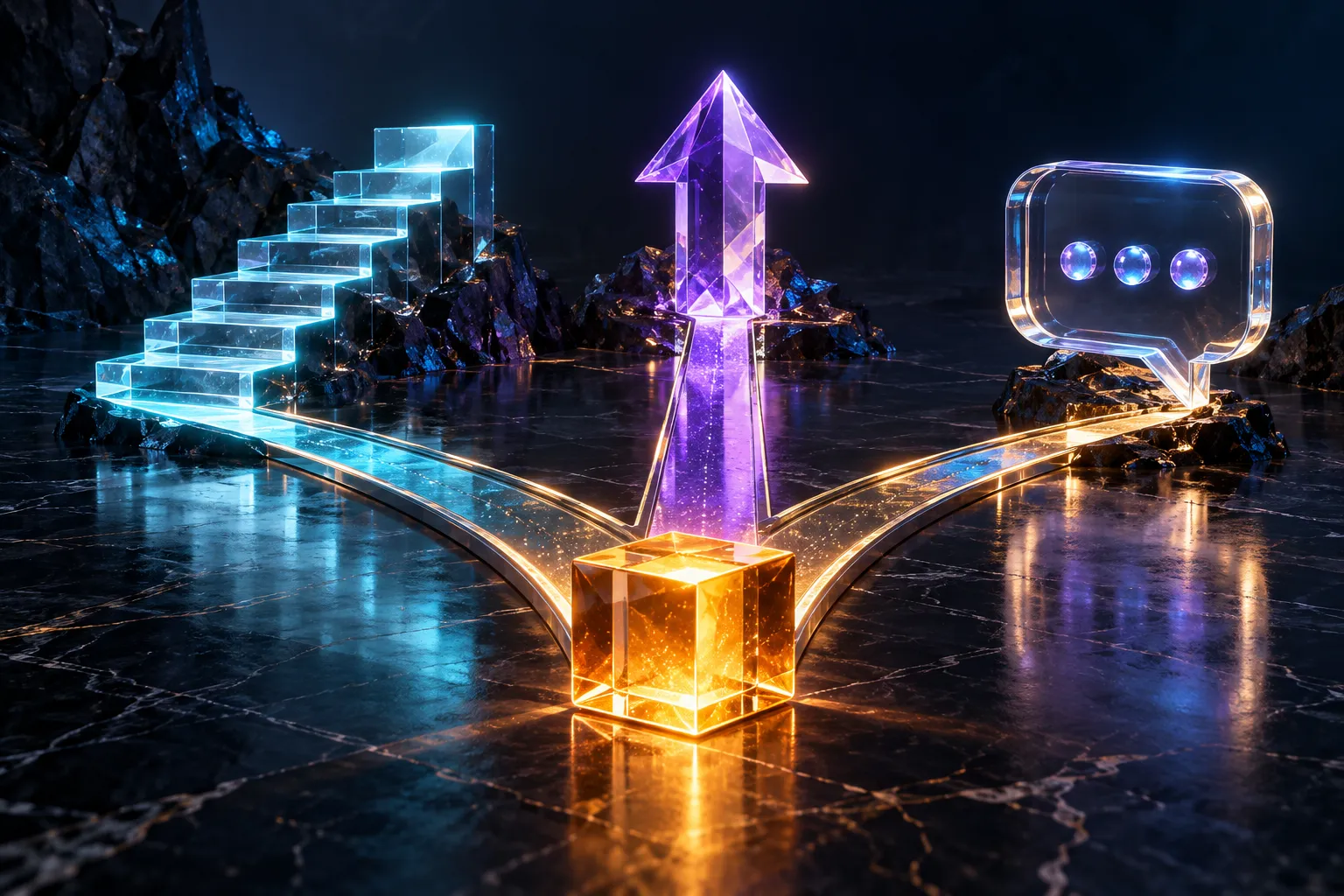 Three illuminated paths lead from an amber cube to glass steps, an arrow and a speech bubble.