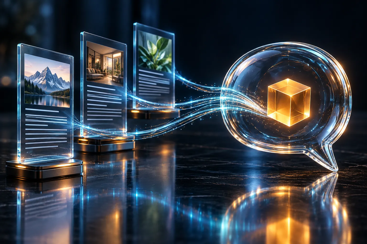 Transparent source panels send light toward a glass speech bubble containing an amber cube.