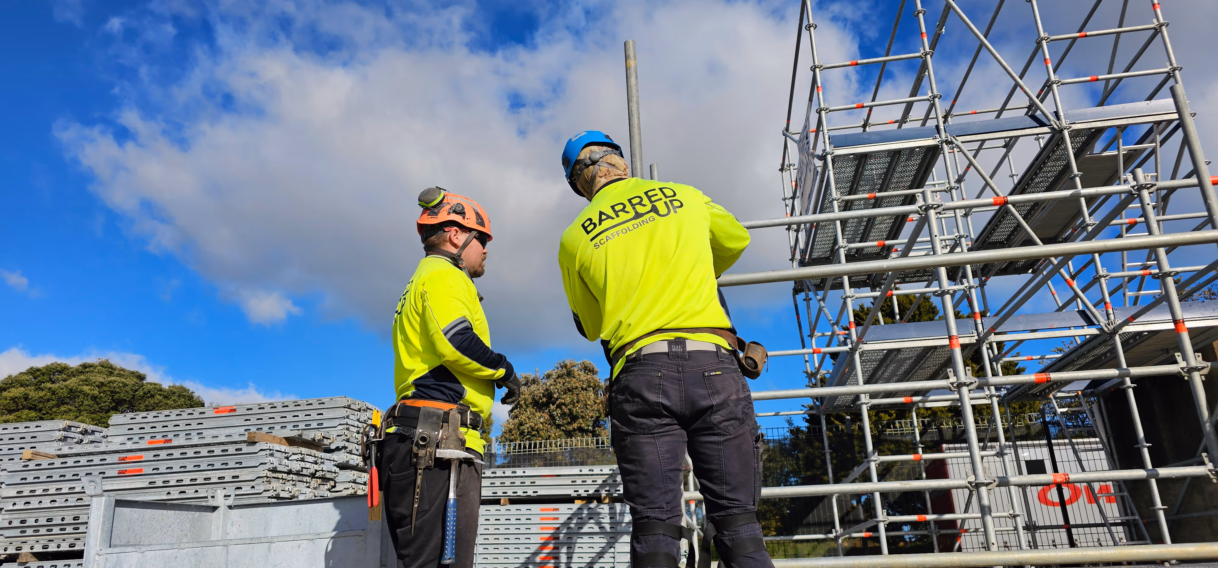 The Barred Up Whanganui team setting up scaffolding platform