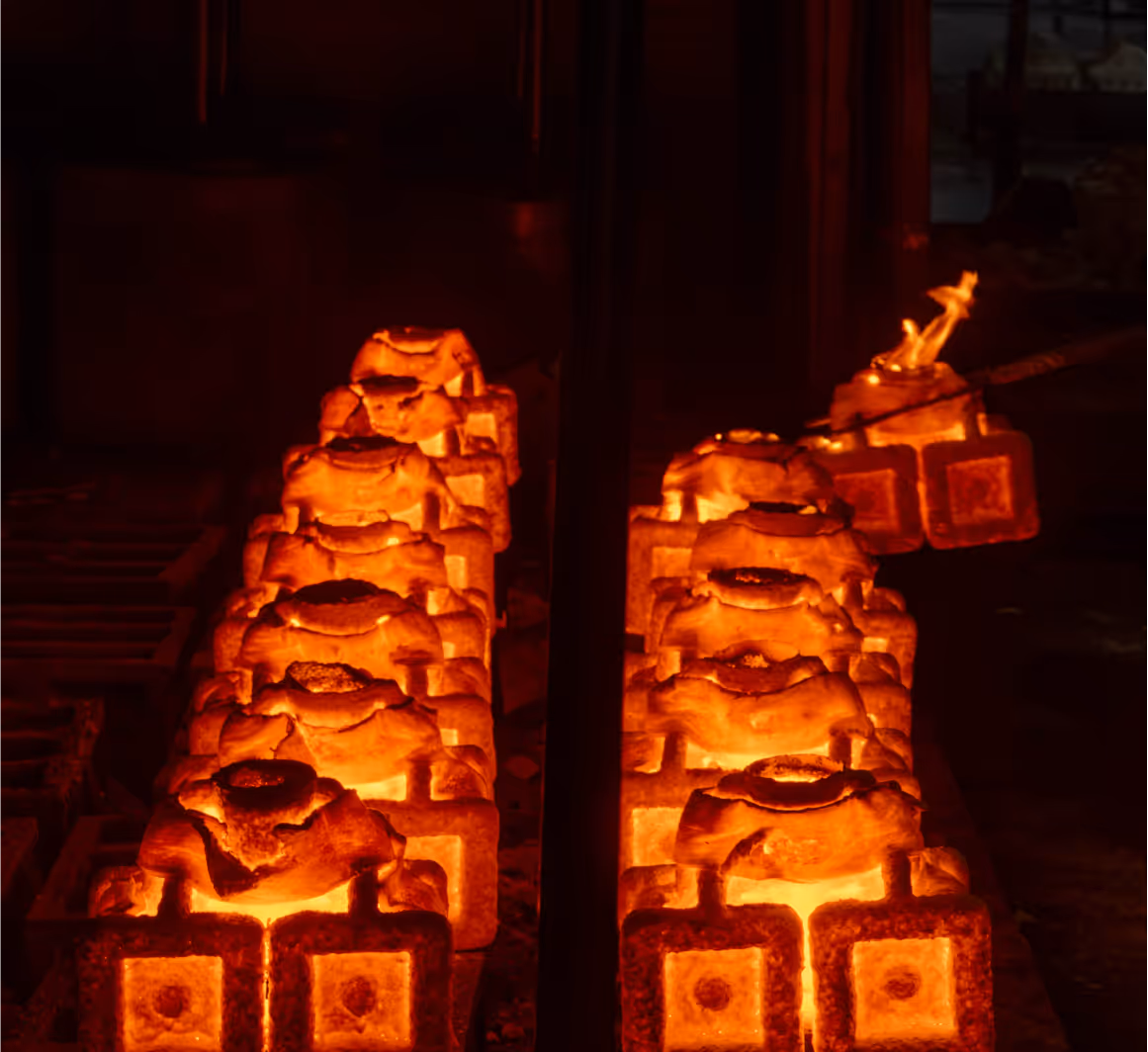 Glowing red hot parts in a row