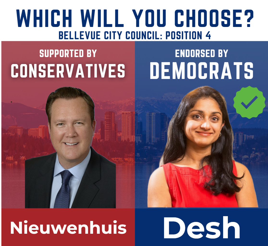 Graphic asking whether viewers will chose Pradnya Desh and Jared Nieuwenhuis for Bellevue City Council.