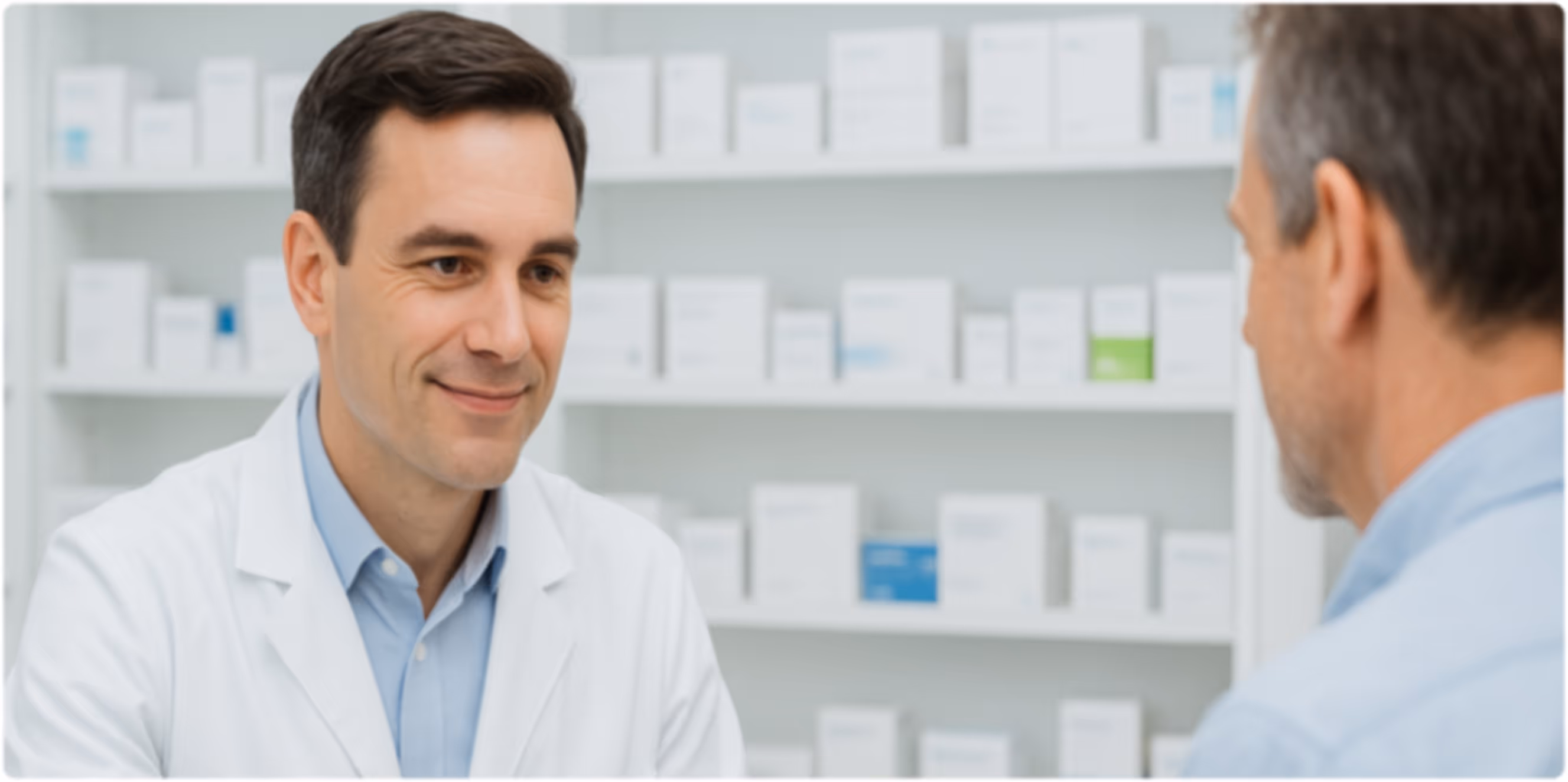 Ein Apotheker berät einen Kunden in einer Apotheke mit Regalen voller Medikamente im Hintergrund.