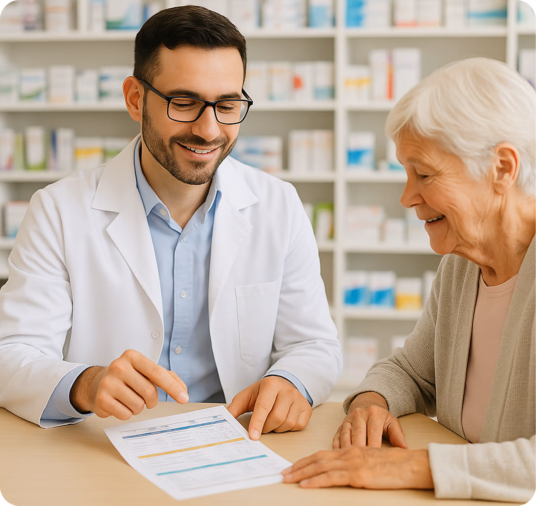 Apotheker berät ältere Frau und zeigt ihr ein Informationsblatt in der Apotheke.