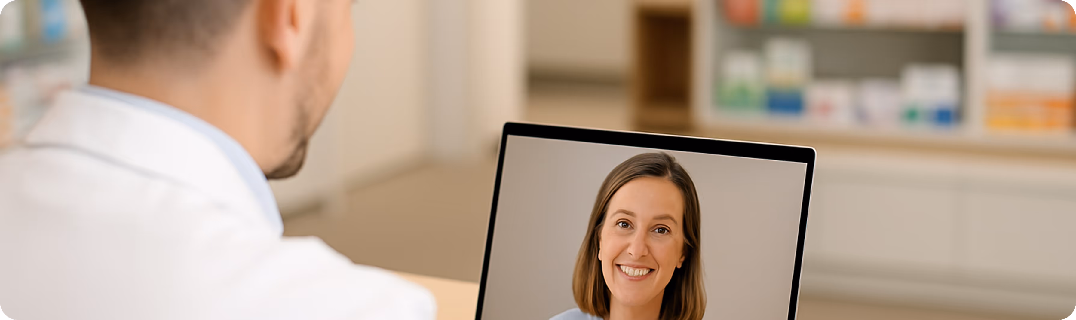 Ein Mann in weißem Hemd führt eine Videoberatung mit einer lächelnden Frau auf einem Laptopbildschirm.