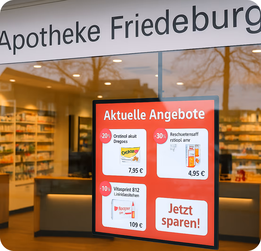 Schaufenster der Apotheke Friedeburg mit aktueller Angebotsanzeige für drei Produkte und der Aufforderung Jetzt sparen!