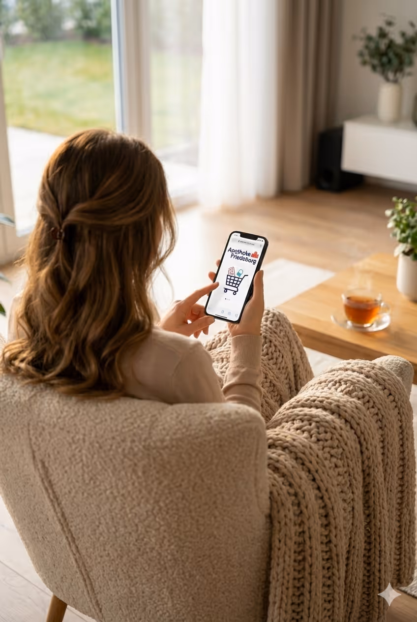 Frau sitzt in einem beigen Sessel mit einer gestrickten Decke und nutzt auf ihrem Smartphone die App der Apotheke Friedeborg.
