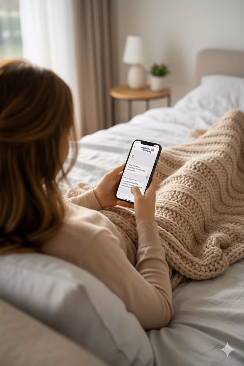 Person liegt im Bett unter einer gestrickten Decke und benutzt ein Smartphone.