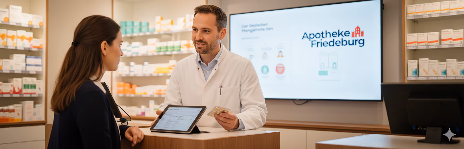 Apotheker berät Kundin an der Theke mit Tablettenpackung und Tablet in der Apotheke Friedeburg.