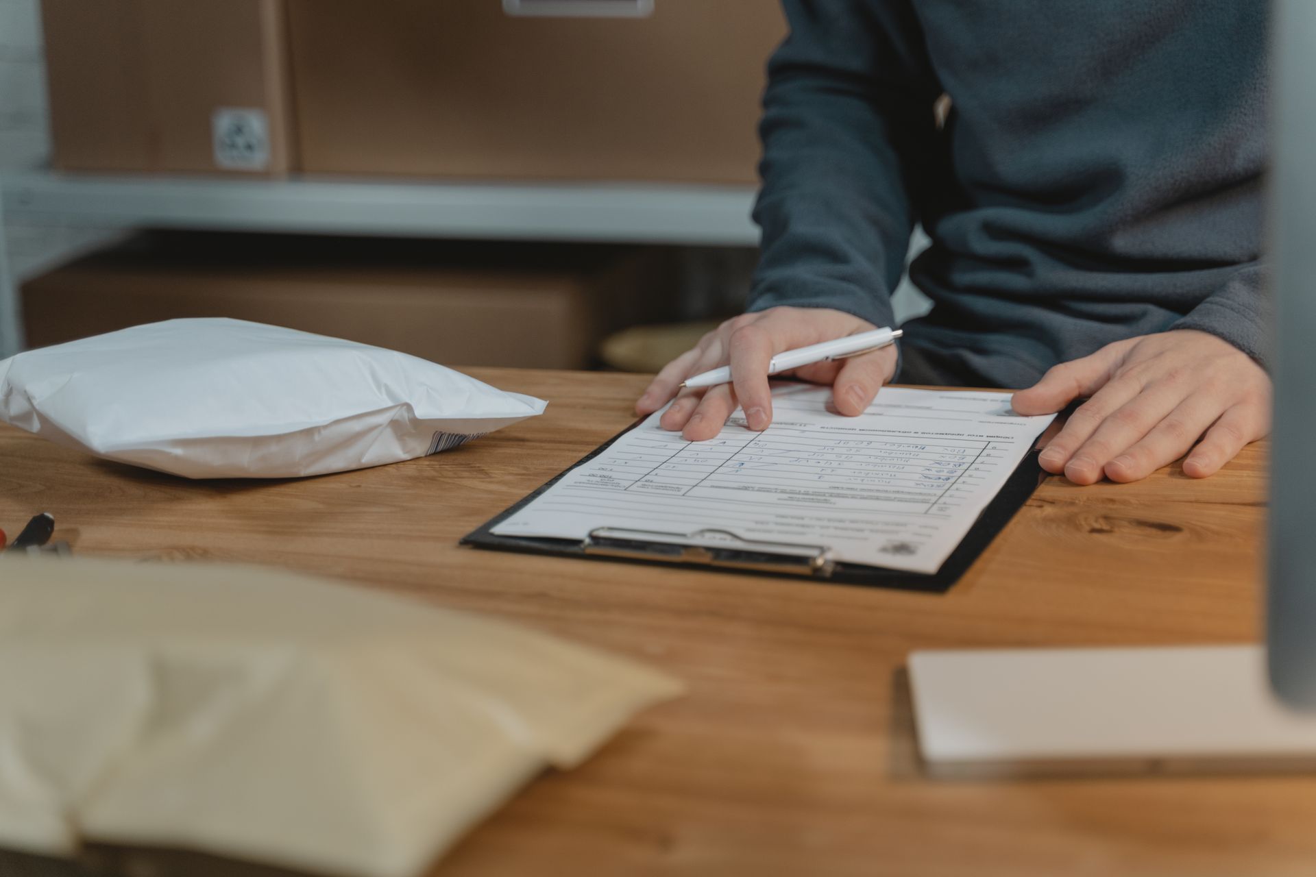 Person filling out a form on a clipboard at a wooden desk with padded shipping envelopes nearby.