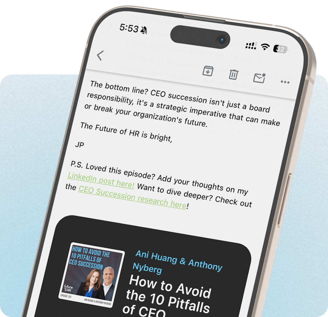 Smartphone screen showing an email about CEO succession emphasizing its strategic importance and linking to related LinkedIn post and research.