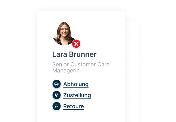 Kontaktkarte von Lara Brunner, Senior Customer Care Managerin bei exporto, mit Optionen für Abholung, Zustellung und Retouren