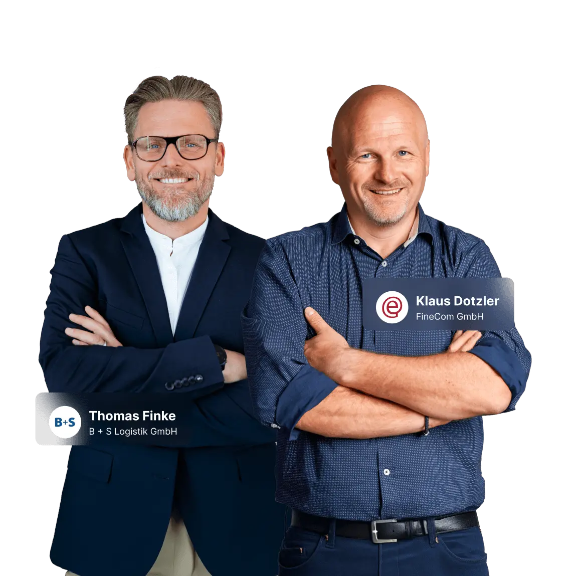 exporto partner in logistics and fulfillment. Thomas Finke at B+S Logistik GmbH and Klaus Dotzler from Finecom GmbH stand side by side.