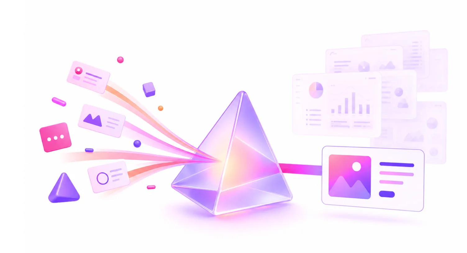 Abstract glowing prism funneling colorful digital icons into organized data charts and cards.