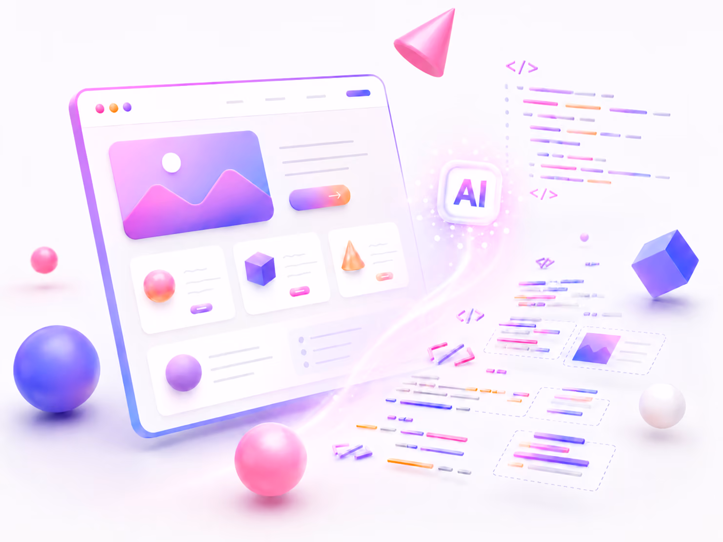 3D web interface with colorful shapes and AI icon connected to floating code blocks and data elements.