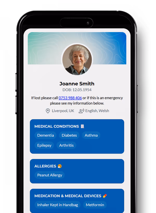 digital emergency id profile of a senior showing medical conditions and emergency details