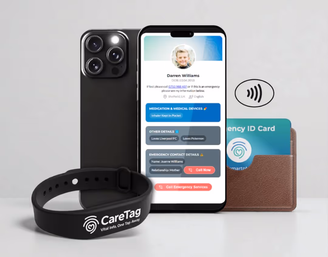 Hands hold a CareTag emergency ID card and wristband beside a smartphone displaying a sample medical profile for quick emergency access.
