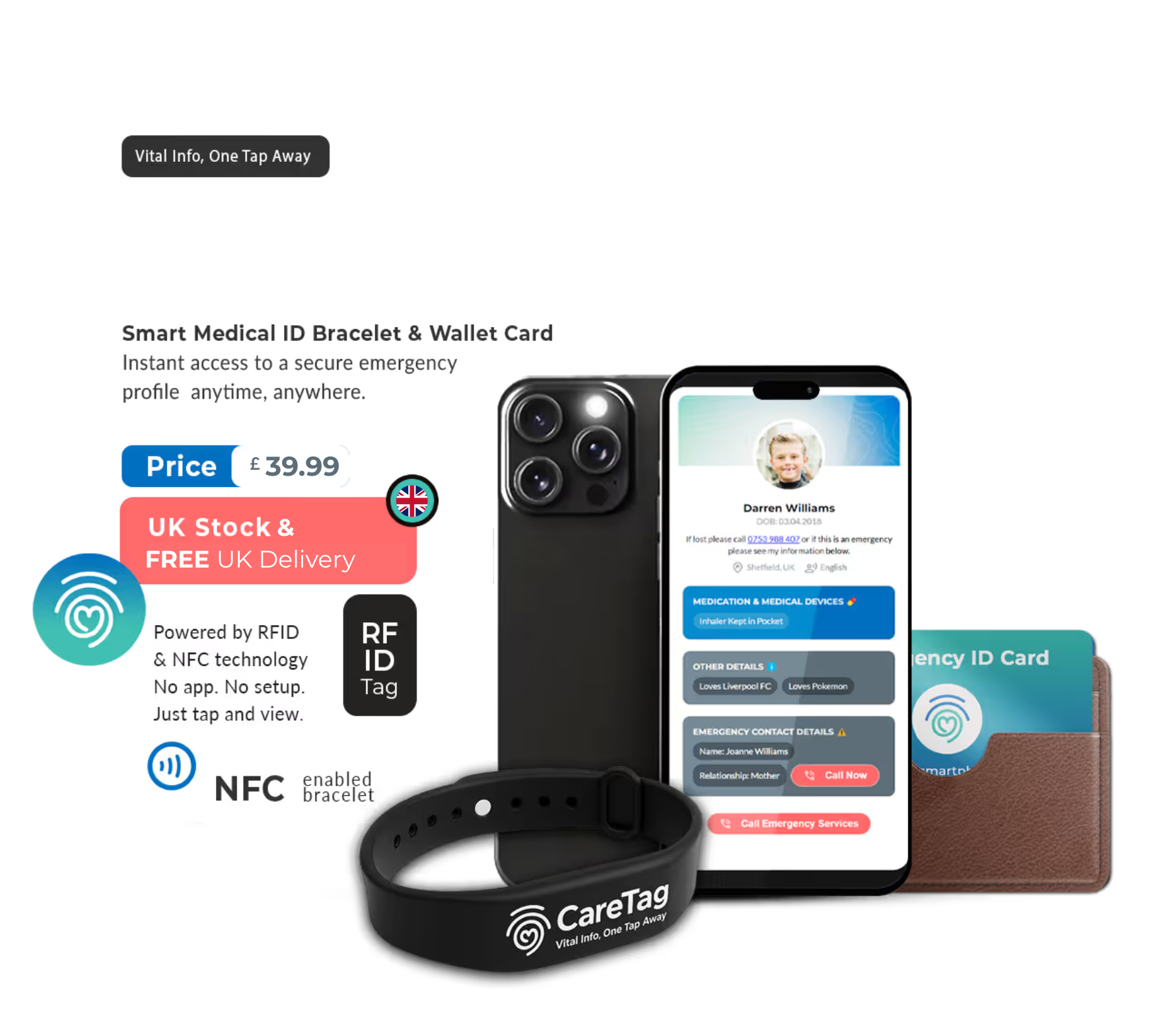 CareTag promotional graphic showing a smart medical ID bracelet and wallet card. The image features a phone displaying an emergency profile for 'Darren Williams,' a black CareTag NFC-enabled bracelet, and a wallet with an emergency ID card. Text highlights include: 'Vital Info, One Tap Away,' 'UK Stock Delivered in 3 Days,' 'Price £24.99,' and 'Powered by RFID & NFC technology – no app or setup needed.' The overall design emphasizes instant access to secure emergency information using wearable tech.