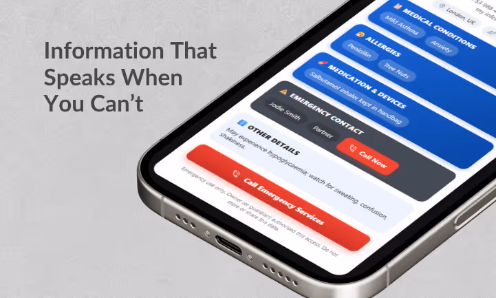 Close-up of CareTag digital emergency profile on smartphone displaying medical details and emergency contact options.