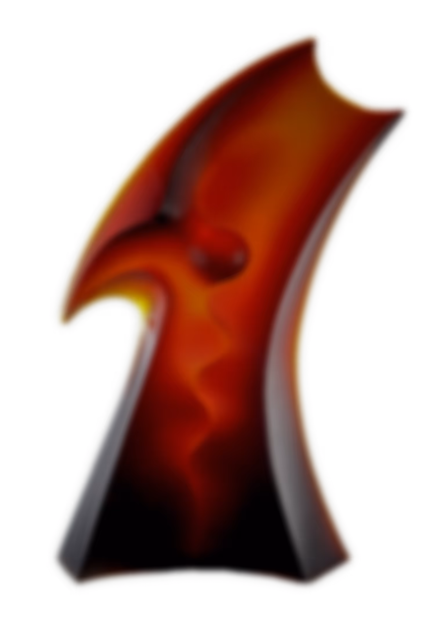 Glass sculpture titled "Enjoyment" with bold sweeping form in deep red and black tones.