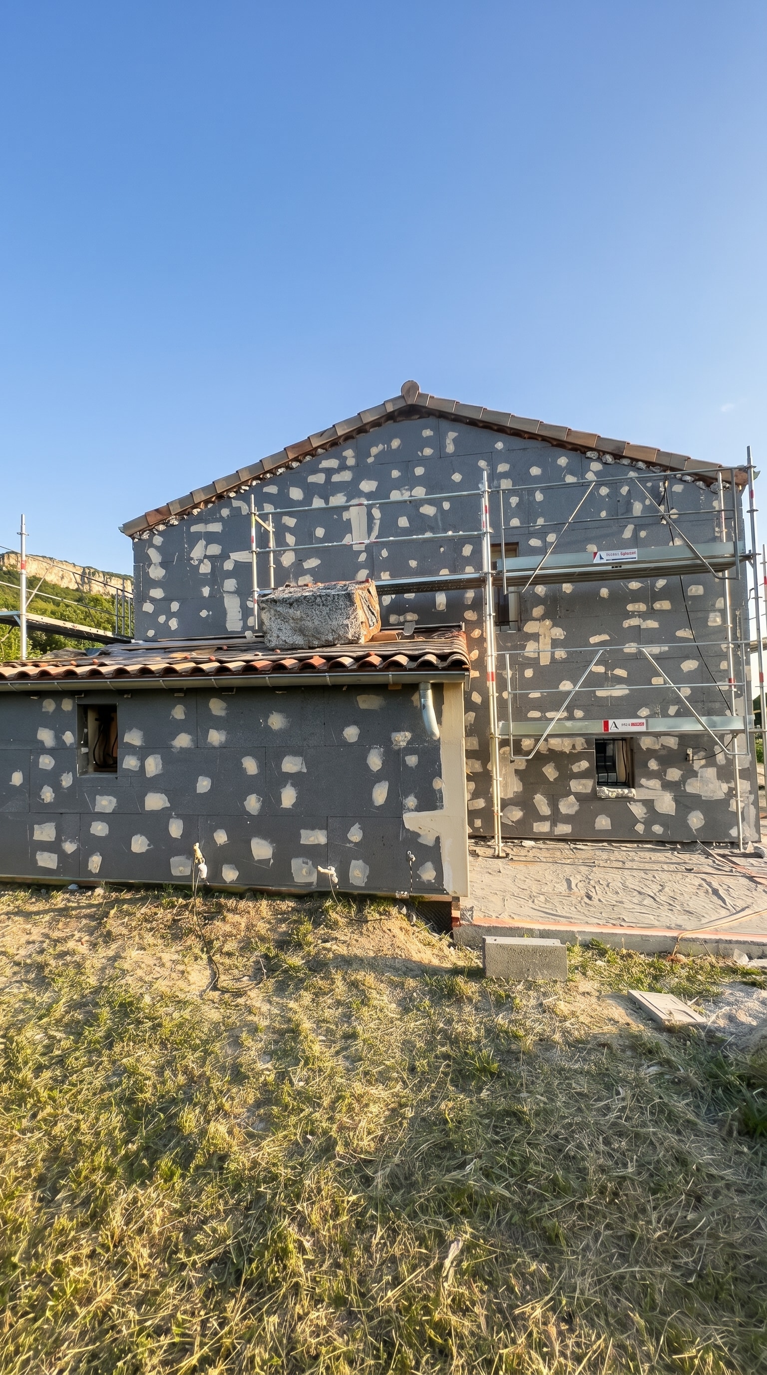 Chantier de pose d'isolant gris pour isolation thermique par l'extérieur à Bésayes par DLS Facade.