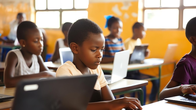 African school kids learning on laptops in classroom | Premium AI-generated  image