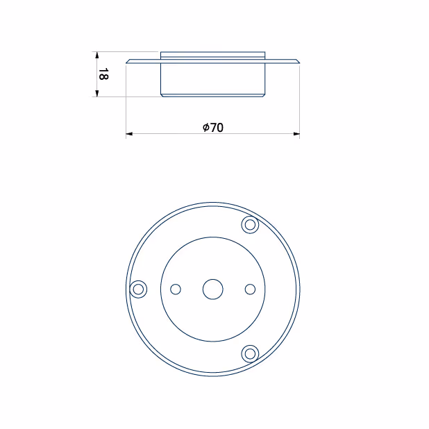 Technical drawing of a circular object with diameter 70 mm and height 18 mm, showing side and top views.