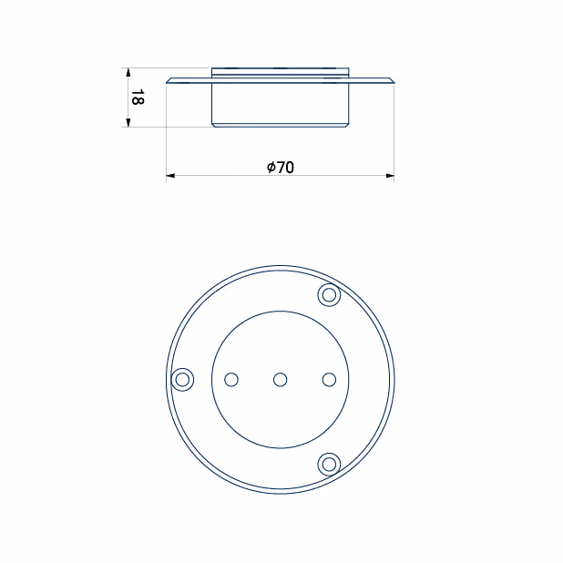 Technical drawing of a round object with diameter 70 mm and height 18 mm, showing front and side views.