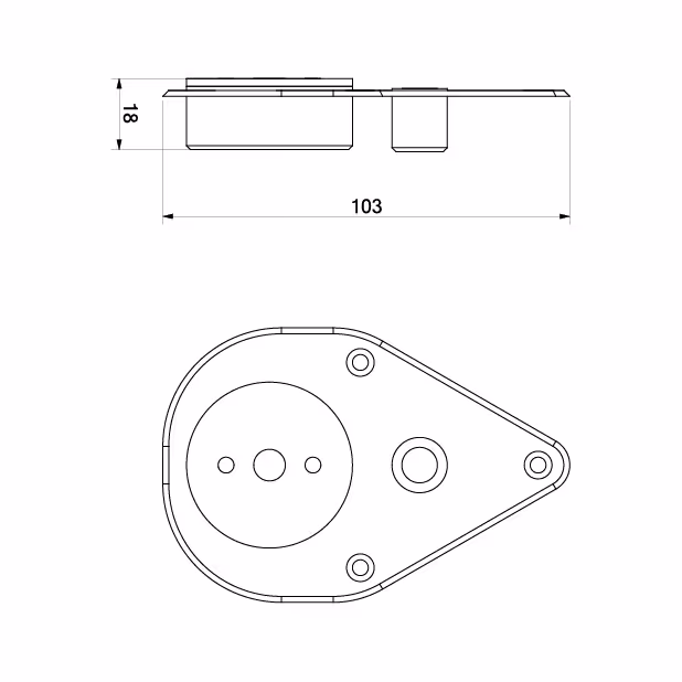 Technical drawing of a bracket with dimensions 103mm length and 18mm height, showing top and side views.