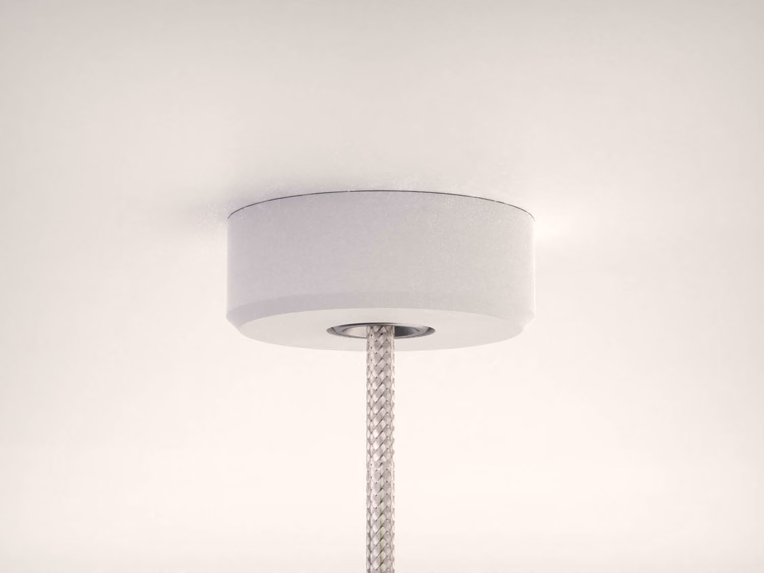 Close-up of a white ceiling canopy with a woven cord hanging down from the center.