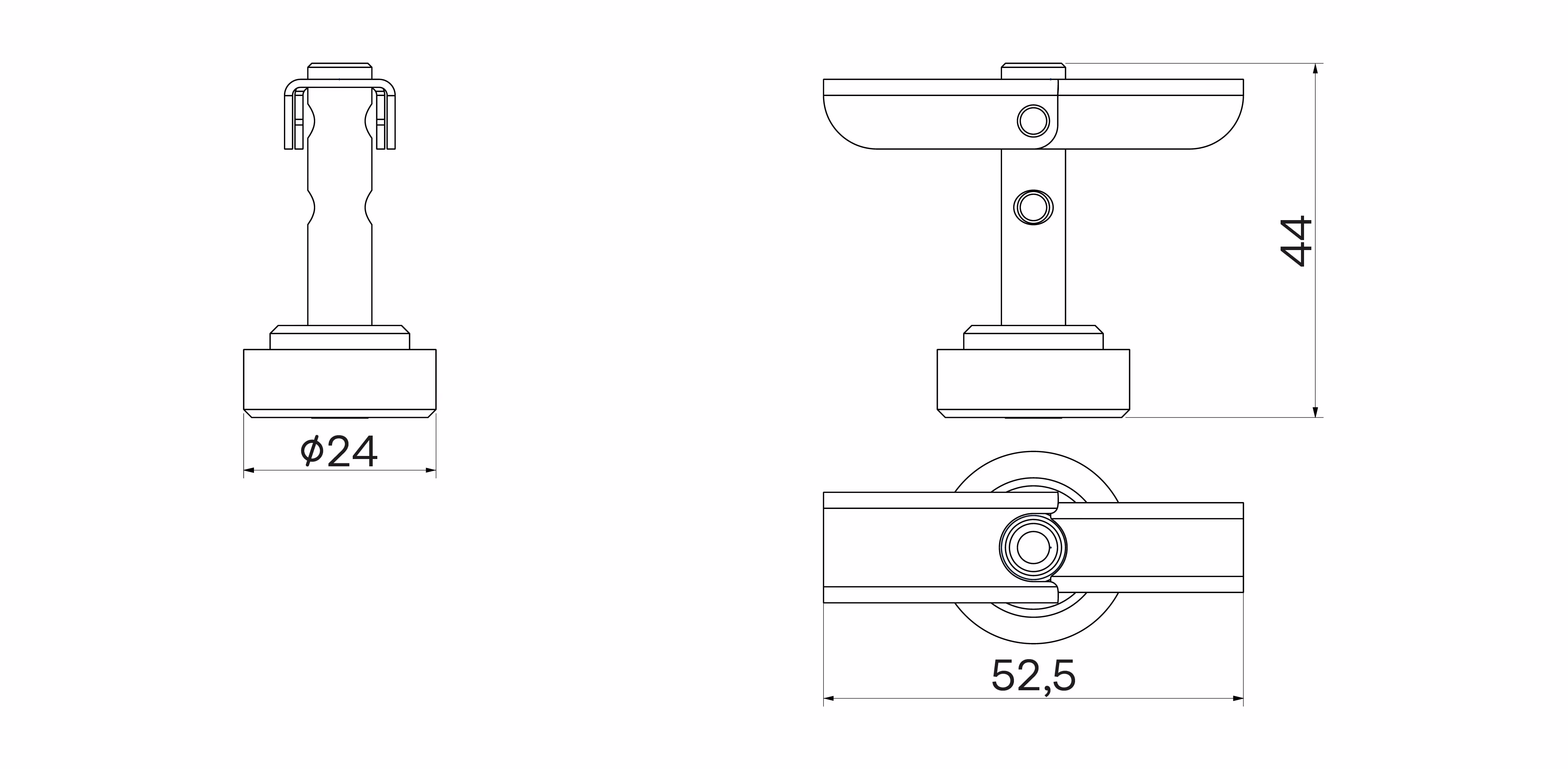 Technical drawing of a mechanical part showing front, side, and top views with dimensions 24mm, 44mm, and 52.5mm.