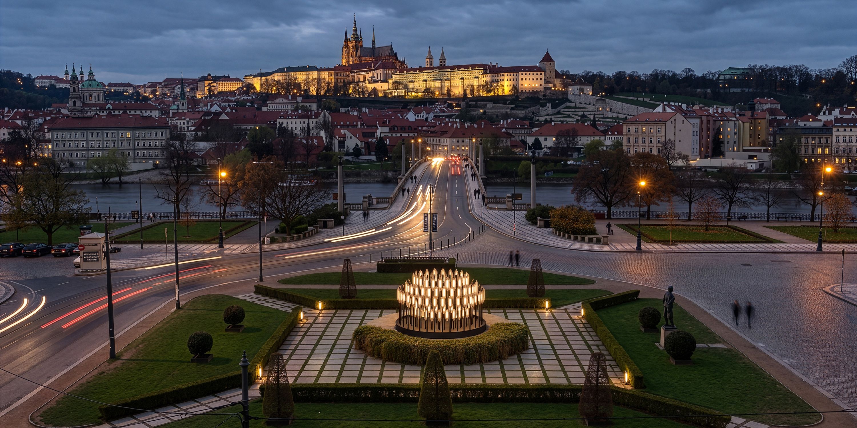 BEACON installation by Lee Broom on Jan Palach Square in Prague, with Prague Castle in the background
