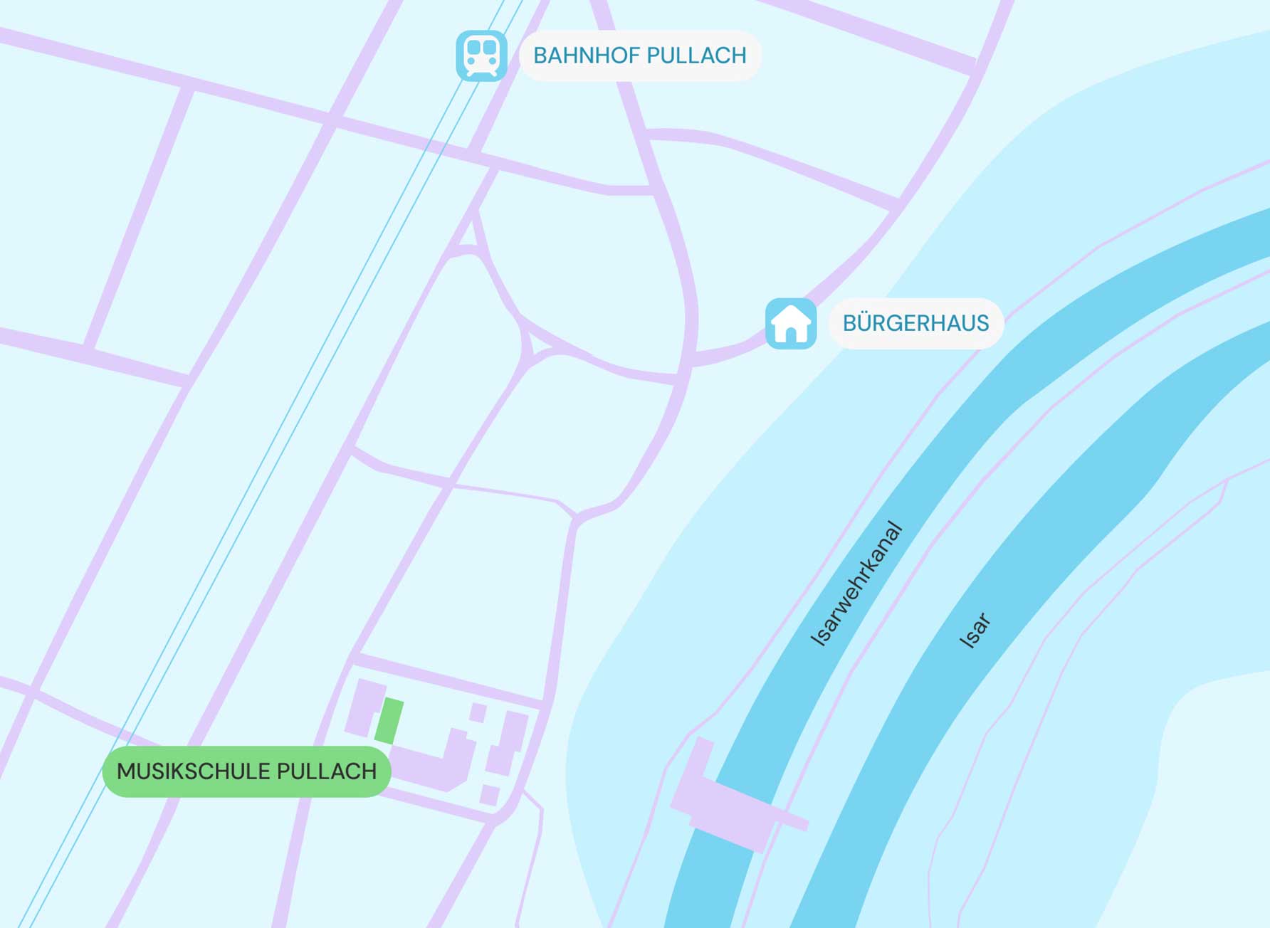 Kartenausschnitt mit Isar und Isarwehrkanal, Bahnhof Pullach, Musikschule Pullach und Bürgerhaus, Straßen und Schienenverlauf.