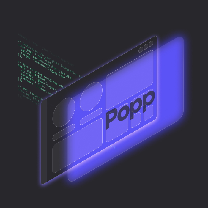 Futuristic digital interface with glowing purple and blue layers displaying a stylized webpage and green code snippets.