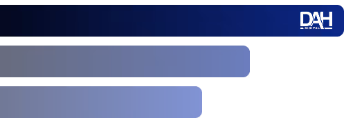 Dunkelblaue horizontale Balken unterschiedlicher Länge auf schwarzem Hintergrund mit weißem DAH Digital Logo oben rechts.