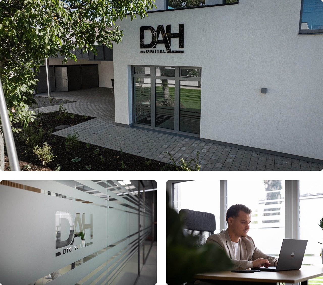 Gebäudeaufnahme mit DAH Digital-Logo über einem Eingang, Innenansicht mit Glaswand und DAH Digital-Logo, und ein Mann arbeitet an einem Laptop in einem hellen Büro.