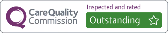 A Care Quality Commission official badge showing an 'outstanding' rating