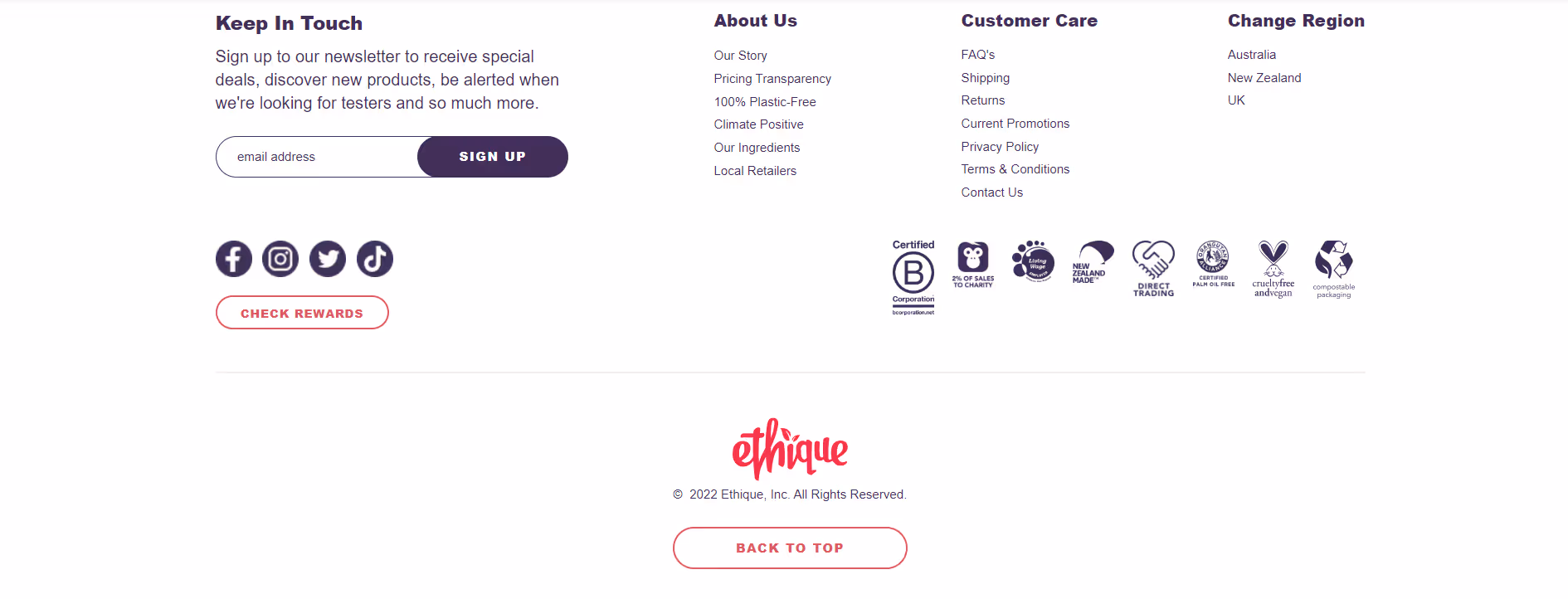 Ethique, a cruelty-free cosmetics brand, uses a number of these badges in its website footer.