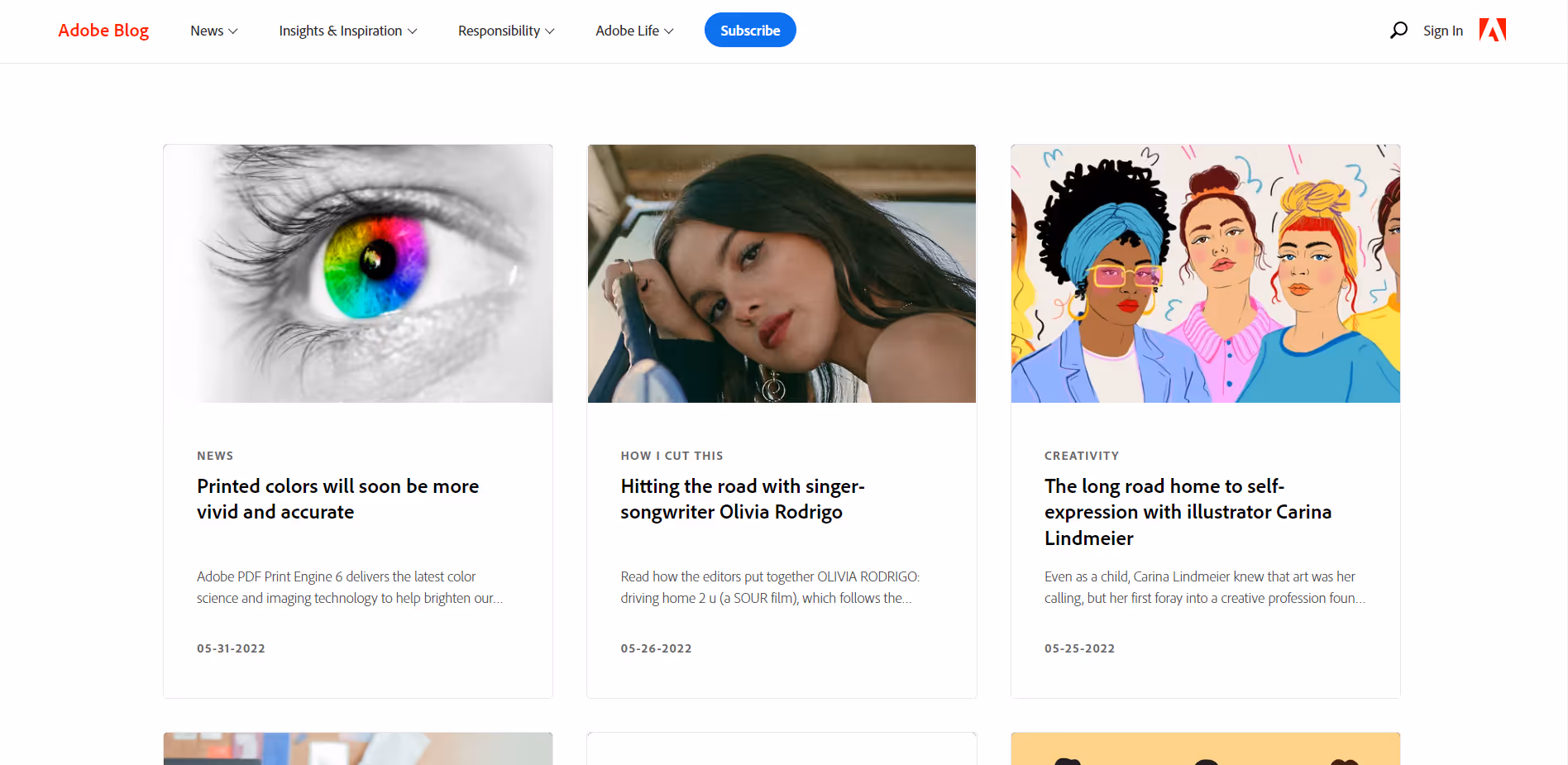 Adobe's blog listings page